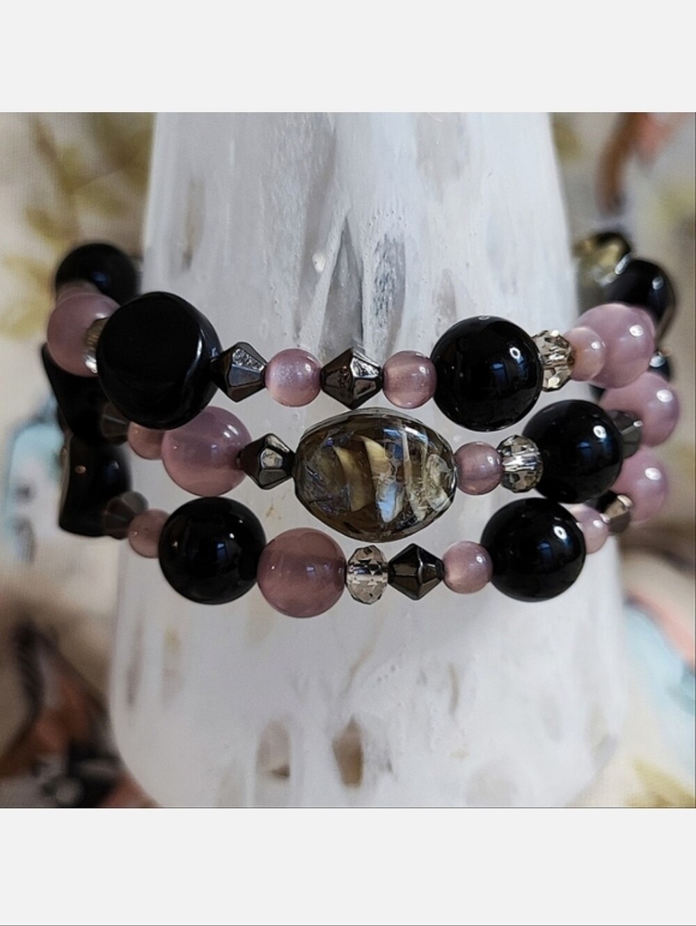 Grey Glass Moonglow Pink Lavender Crystal Beaded Vintage Memory Wire Bracelet